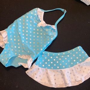 Baby Buns blue with silver polka dot swimsuit & skirt